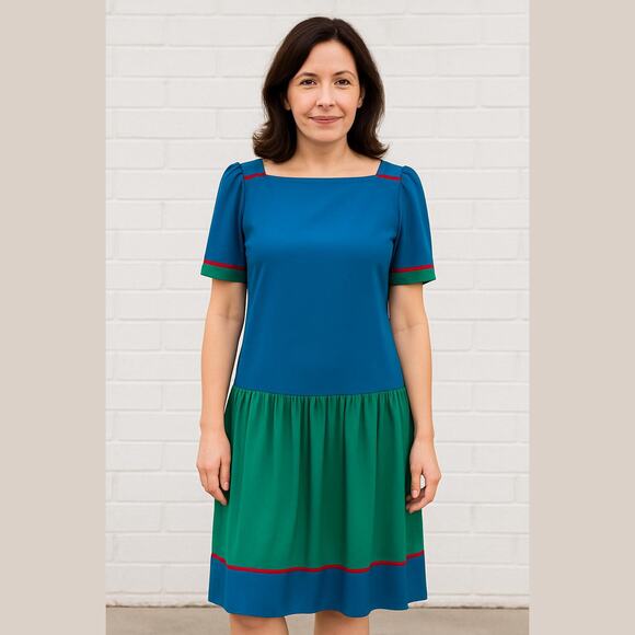 Sasson Dresses & Skirts - Vintage 90s Sasson Blue Green Silk Colorblock Drop Waist Shift Dress Women M/L